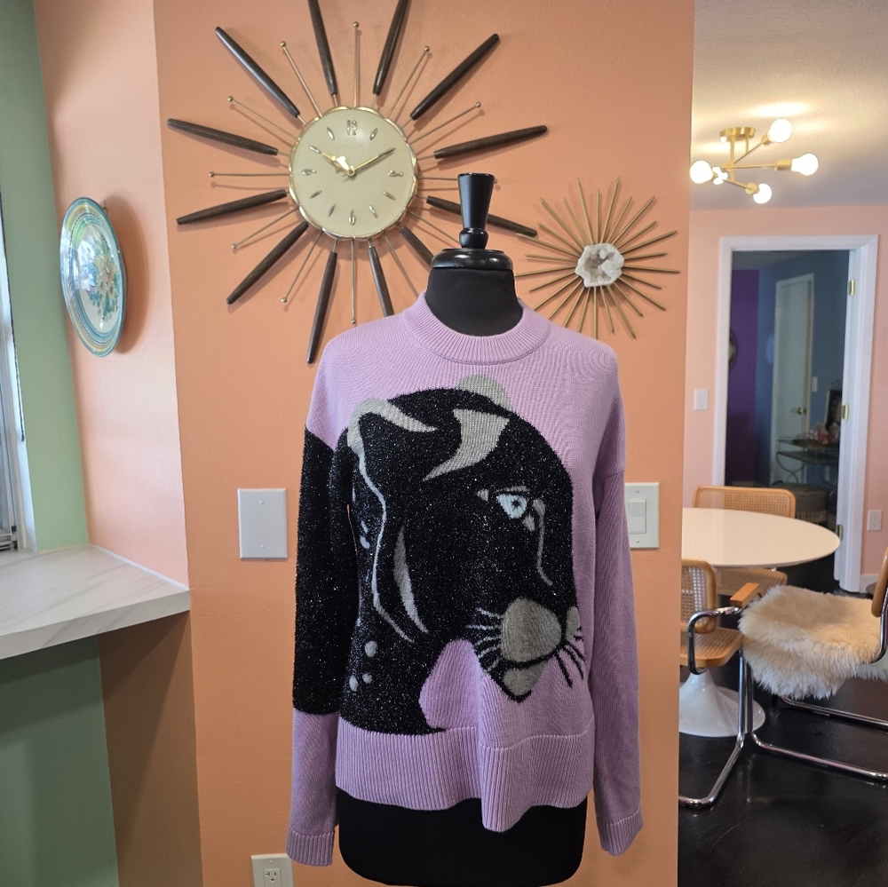 Kate Spade ♠️ Wool Lavender Panther Sweater. Sz Large - Picture 9 of 15